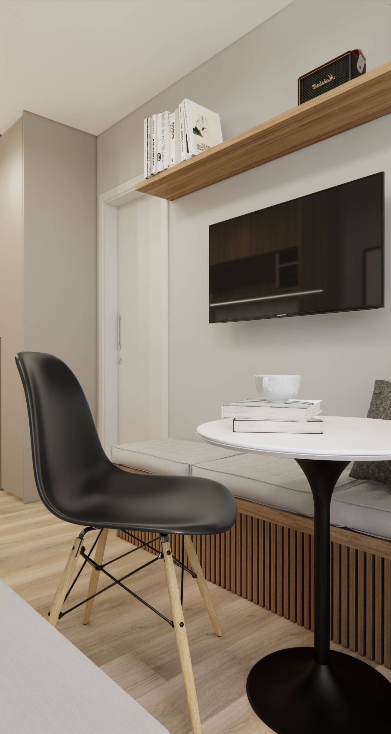 Render 3D de sala com mesa redonda, cadeira preta, banco ripado com estofado e TV, paleta em tons neutros e madeira