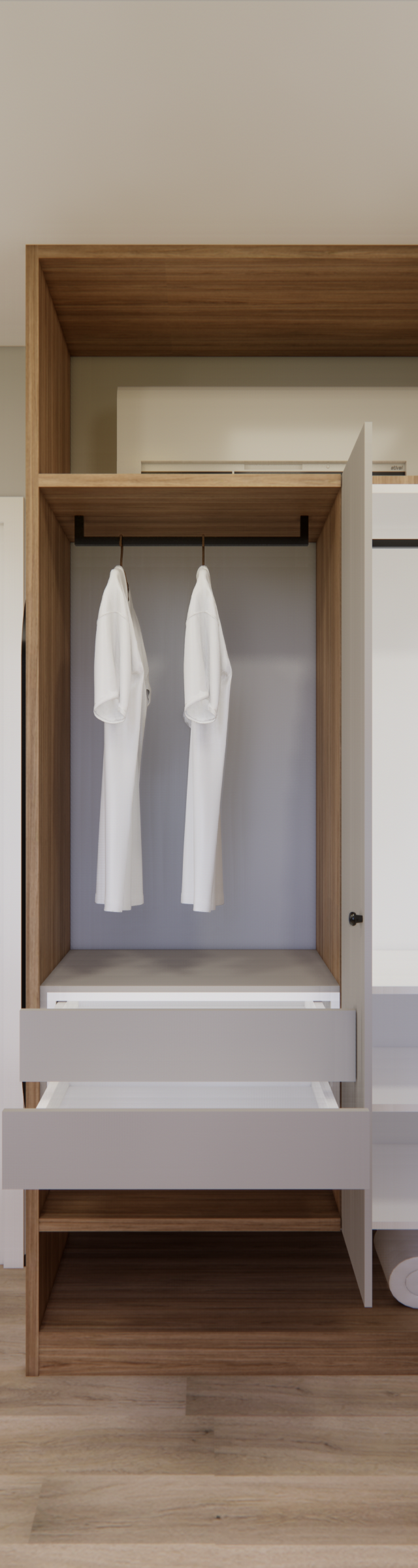 Render 3D de closet no projeto Next One, com marcenaria em madeira e branco, gavetas cinzas e piso amadeirado claro