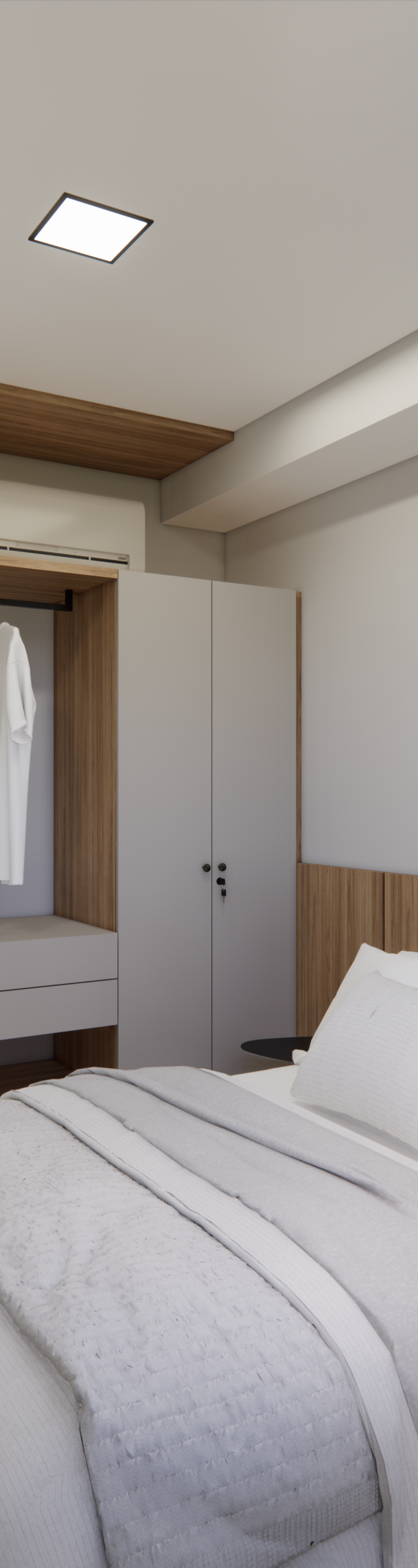 Render 3D de quarto com cama, cabeceira e armário planejado em tons de madeira e cinza, piso amadeirado e luz difusa