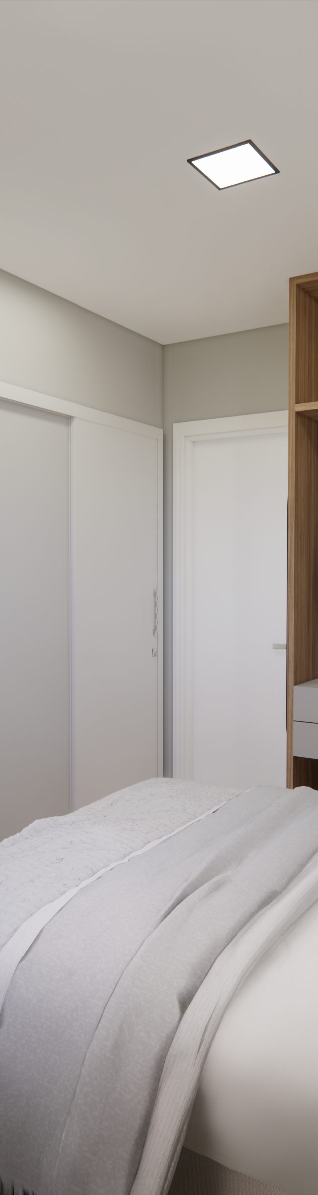 Render 3D de dormitório com TV, marcenaria em tons neutros e madeira, iluminação embutida e parede cinza claro