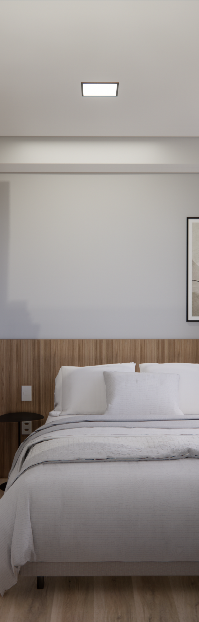 Render 3D de quarto no Next One: cama com cabeceira amadeirada, guarda-roupa com espelho, tons neutros e luz natural