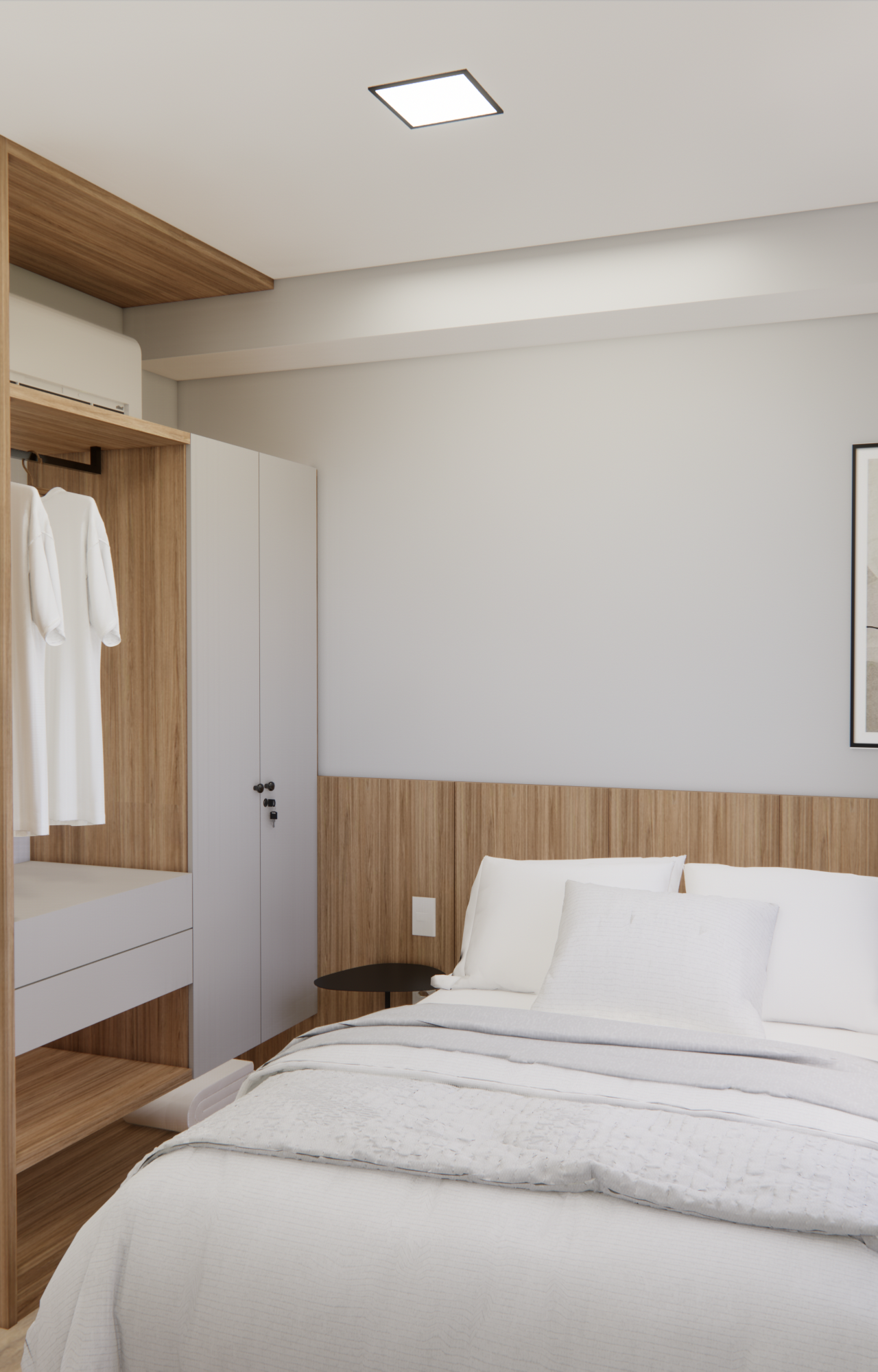 Render 3D de quarto com marcenaria em madeira clara, armário aberto, cabeceira ripada, tons neutros e iluminação suave