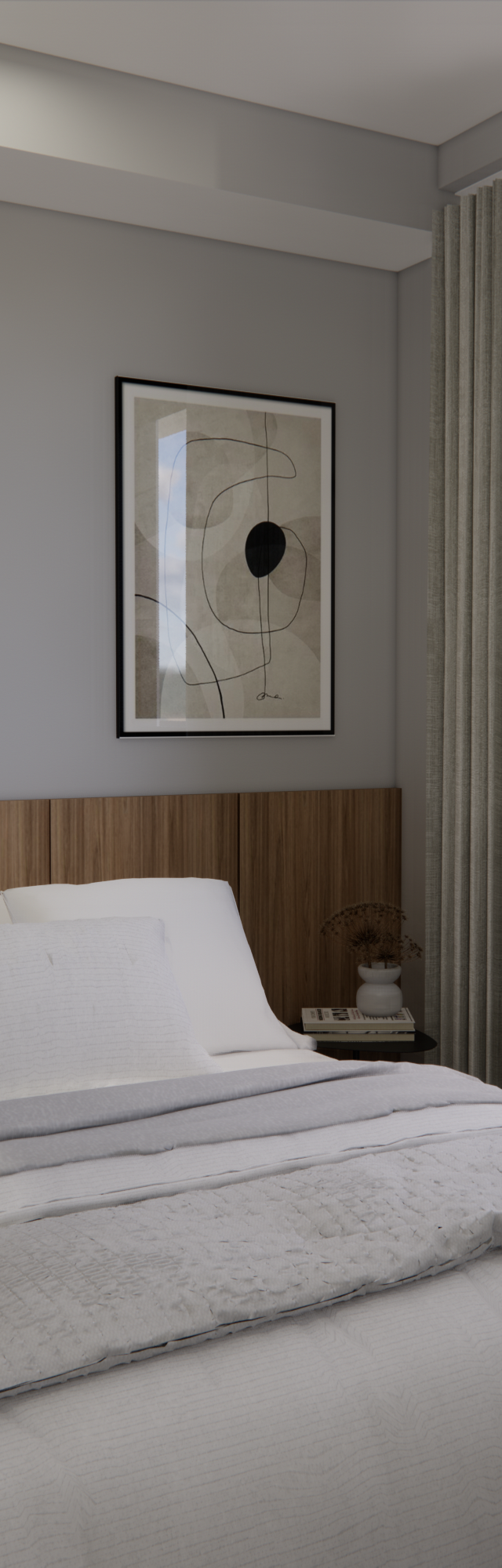 Render 3D de quarto no Next One Vila Nova com cama, cabeceira em madeira, mesa lateral preta e cortina clara neutra