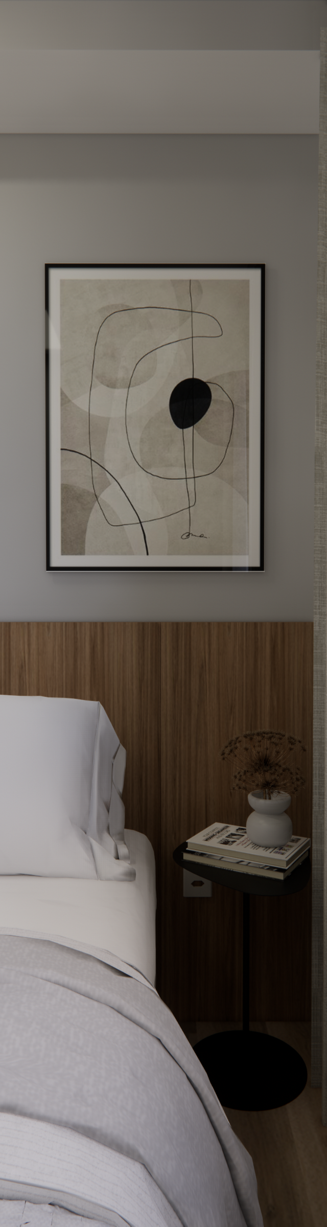 Render 3D de dormitório com cabeceira de madeira, cama branca, mesa lateral preta, quadro abstrato e cortina cinza