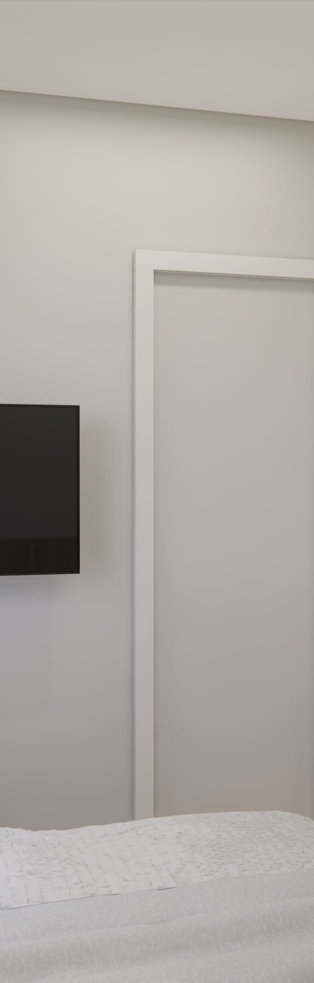 Render 3D de quarto com TV na parede cinza, porta de correr branca e guarda-roupa aberto em madeira e gavetas cinzas