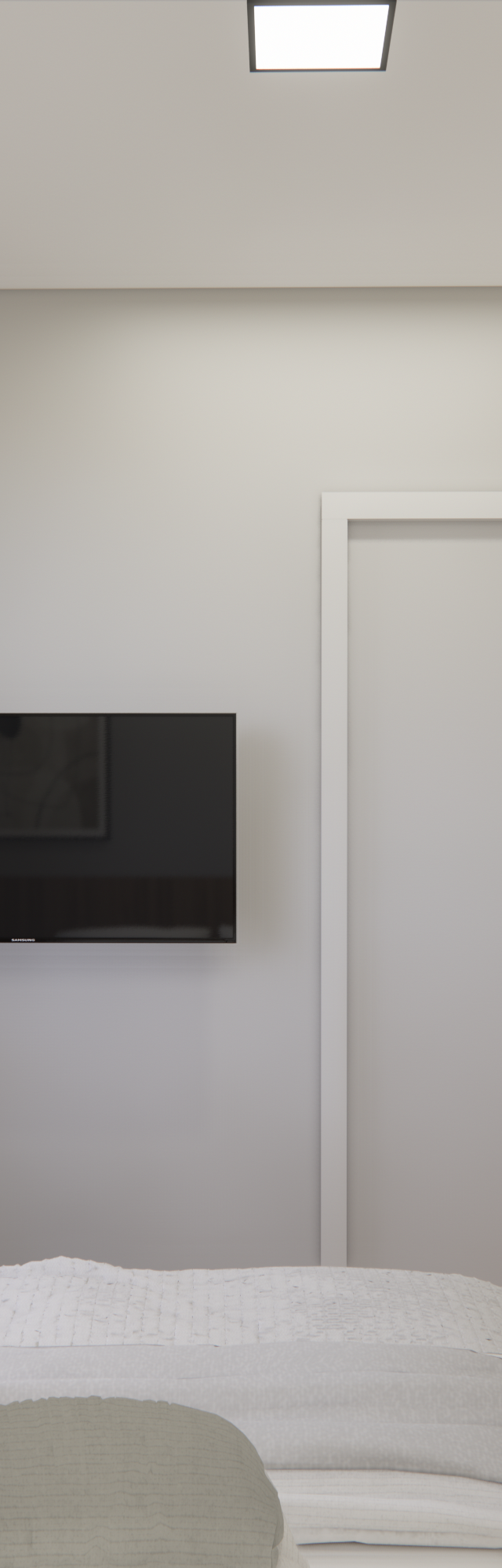 Render 3D de quarto no Next One Vila Nova com tons claros, TV na parede, cortina, marcenaria em madeira e luz natural