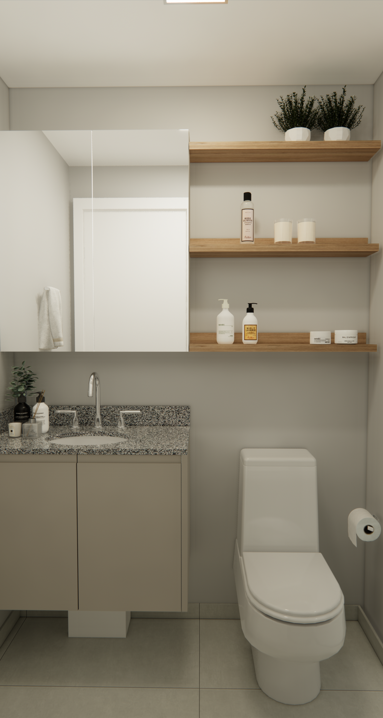 Render 3D de banheiro moderno no Next One Vila Nova com marcenaria cinza, bancada em granito, prateleiras de madeira e box