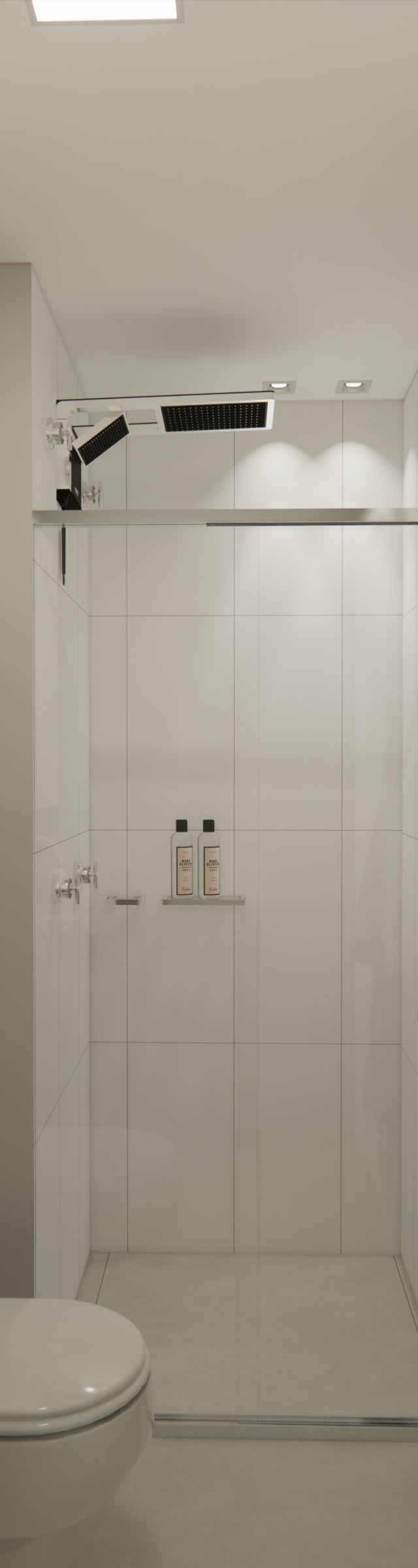 Render 3D de banheiro moderno no Next One Vila Nova com bancada em granito, prateleiras de madeira e box em vidro branco