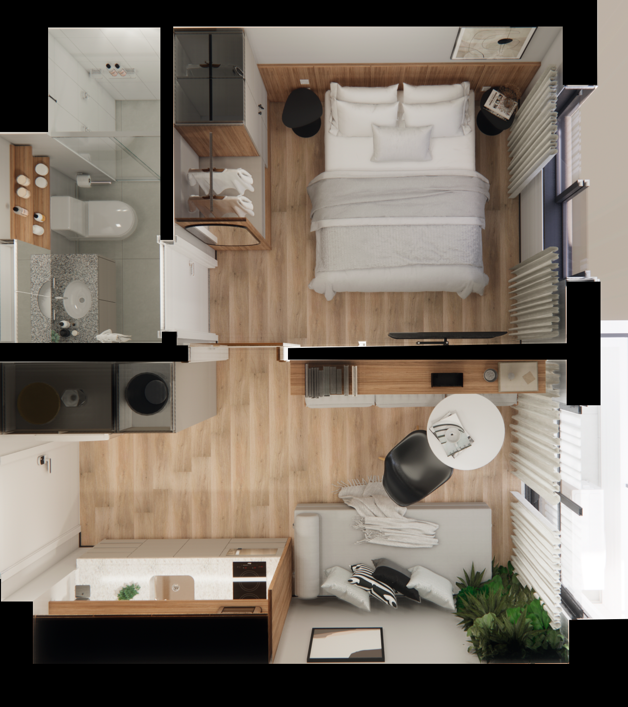 Planta baixa 3D de apartamento: quarto com marcenaria em madeira e sala integrada com cozinha, tons neutros e piso amadeirado