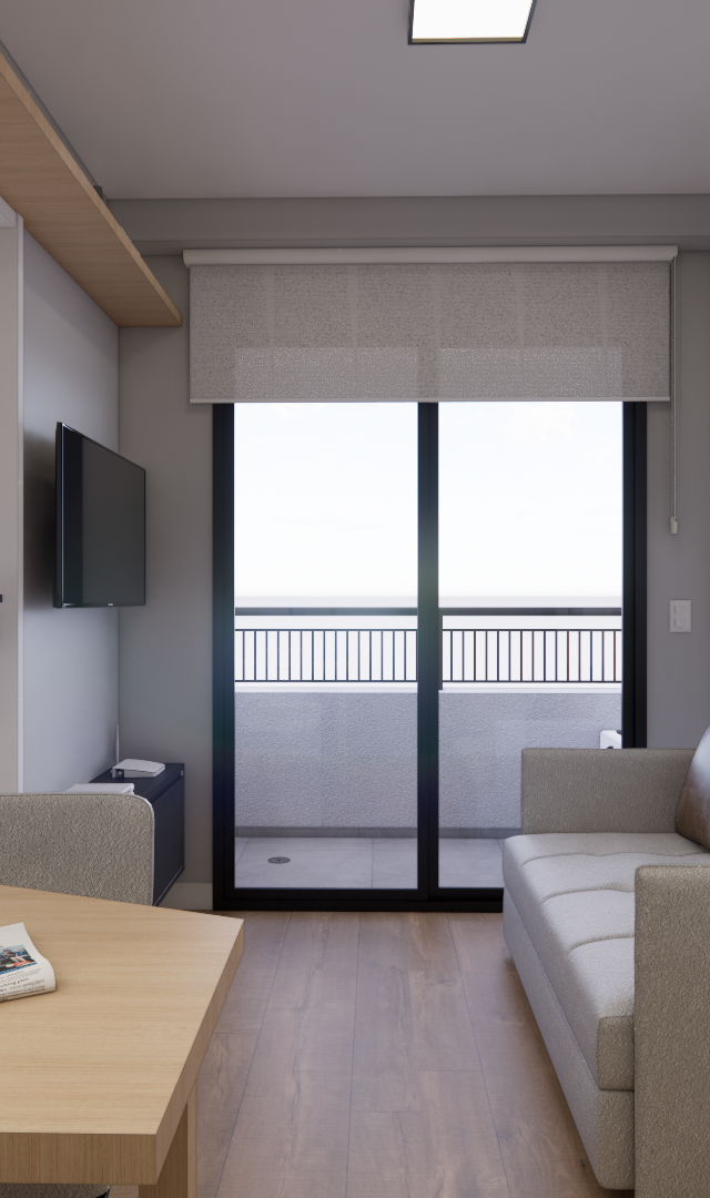Render 3D da sala do NEXT ONE Vila Nova com sofá cinza, mesa em madeira, varanda e iluminação natural em tons neutros