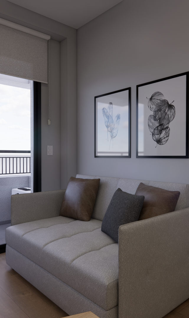 Render 3D de sala com sofá cinza, almofadas escuras, quadros botânicos na parede e varanda com esquadria preta