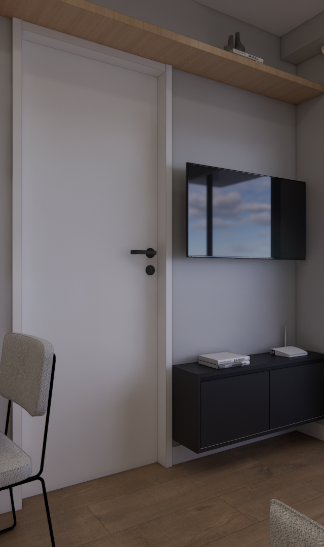 Render 3D de sala com mesa de madeira, cadeiras cinzas, móvel preto suspenso, TV e varanda no NEXT ONE Vila Nova
