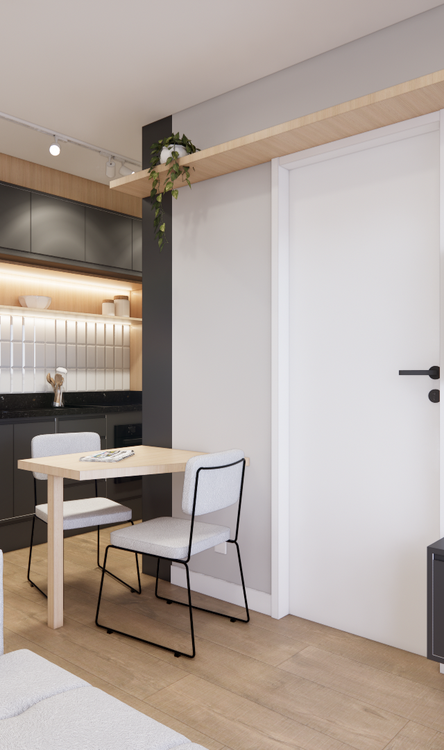 Render 3D de sala e cozinha integradas, marcenaria cinza e madeira, piso amadeirado, iluminação em trilho e tons neutros