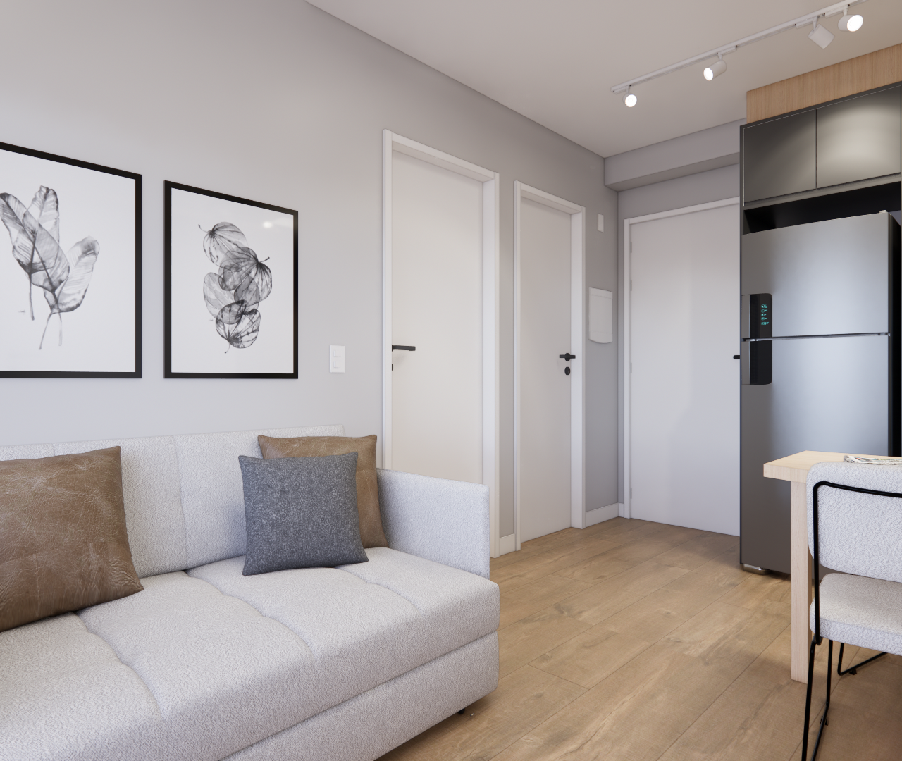 Render 3D de sala e cozinha integrada, tons neutros, marcenaria cinza e madeira, sofá claro, iluminação em trilho