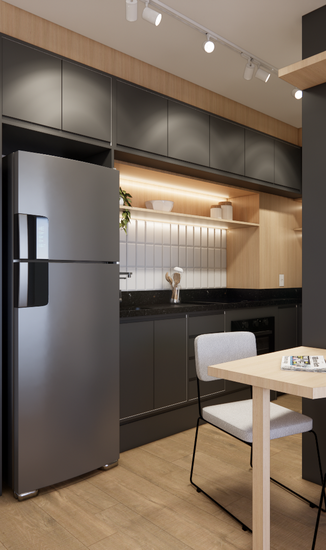 Render 3D de cozinha compacta com marcenaria cinza e madeira, bancada em pedra preta e mesa de jantar em ambiente moderno