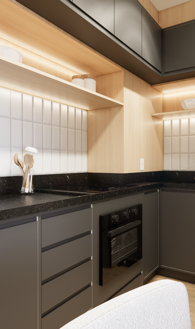 Render 3D de cozinha compacta em cinza e madeira com bancada preta, azulejos brancos e iluminação embutida acolhedora