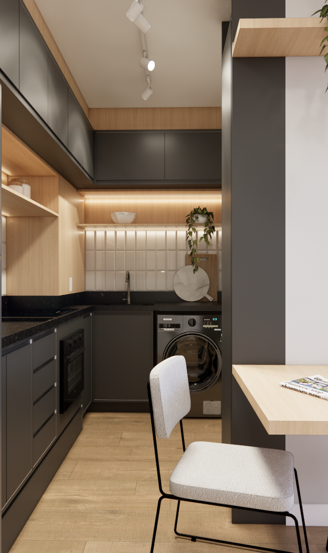 Render 3D de cozinha compacta e sala de jantar com marcenaria cinza, detalhes em madeira clara e iluminação embutida