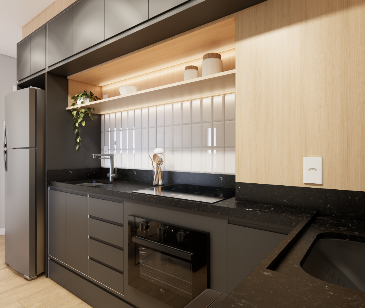Render 3D de cozinha moderna com marcenaria cinza e madeira, bancada em pedra preta, revestimento branco e iluminação LED