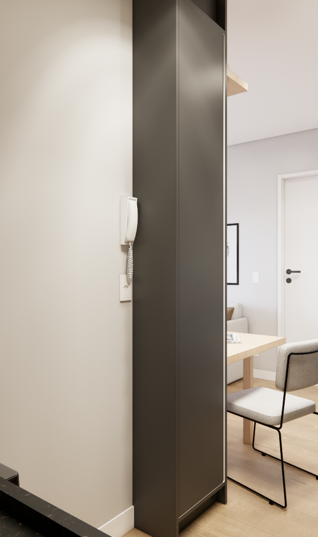 Render 3D de cozinha moderna com bancada preta, marcenaria cinza e madeira, iluminação em trilho e plantas pendentes