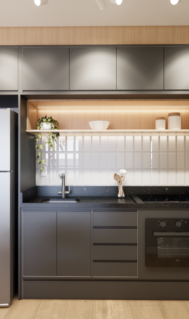 Render 3D de cozinha em tons de cinza e madeira com bancada preta, azulejos brancos e iluminação embutida sob prateleiras