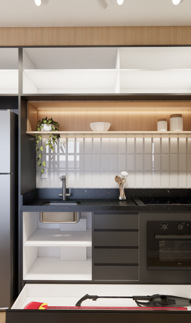 Render 3D de cozinha compacta com marcenaria em madeira e preto, bancada em pedra escura, metrô white e iluminação em LED