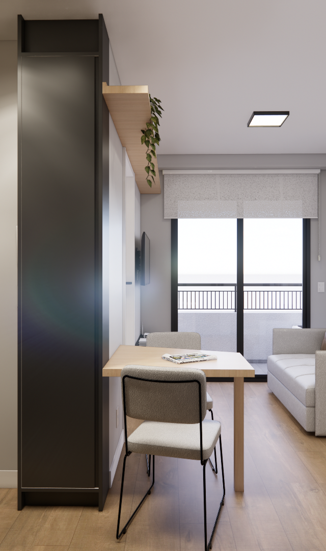 Render 3D de sala e cozinha integradas, marcenaria em tons neutros e madeira, piso amadeirado e sofá cinza no projeto NEXT ONE