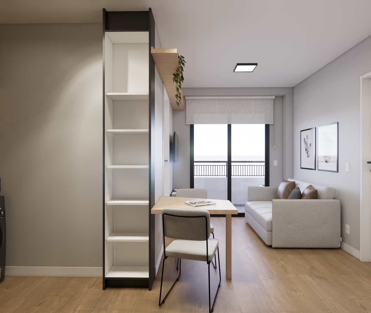 Render 3D de sala e lavanderia integrada com tons neutros, marcenaria em madeira e preto, mesa de jantar e sofá cinza