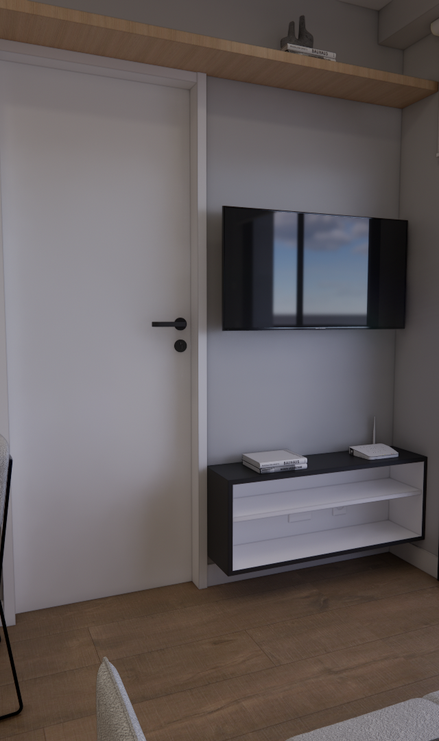 Render 3D de sala com mesa de madeira, cadeiras cinzas, rack preto e branco, porta branca e vista para varanda na Vila Nova