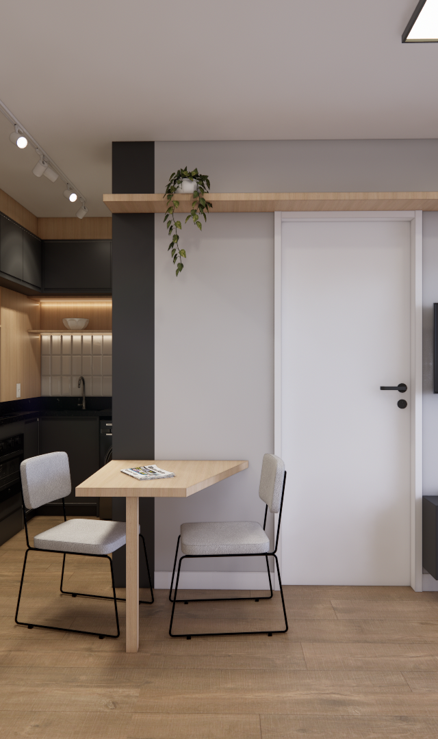 Render 3D de cozinha e sala integradas, tons de cinza e madeira, mesa pequena, marcenaria planejada, luz quente e natural