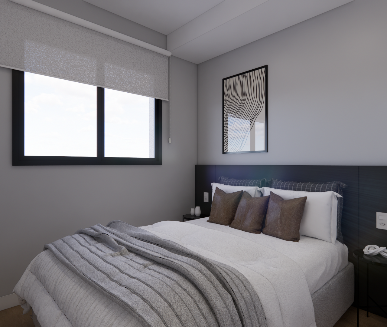 Render 3D de dormitório no NEXT ONE Vila Nova com cama, cabeceira preta, almofadas marrons, tons neutros e iluminação natural
