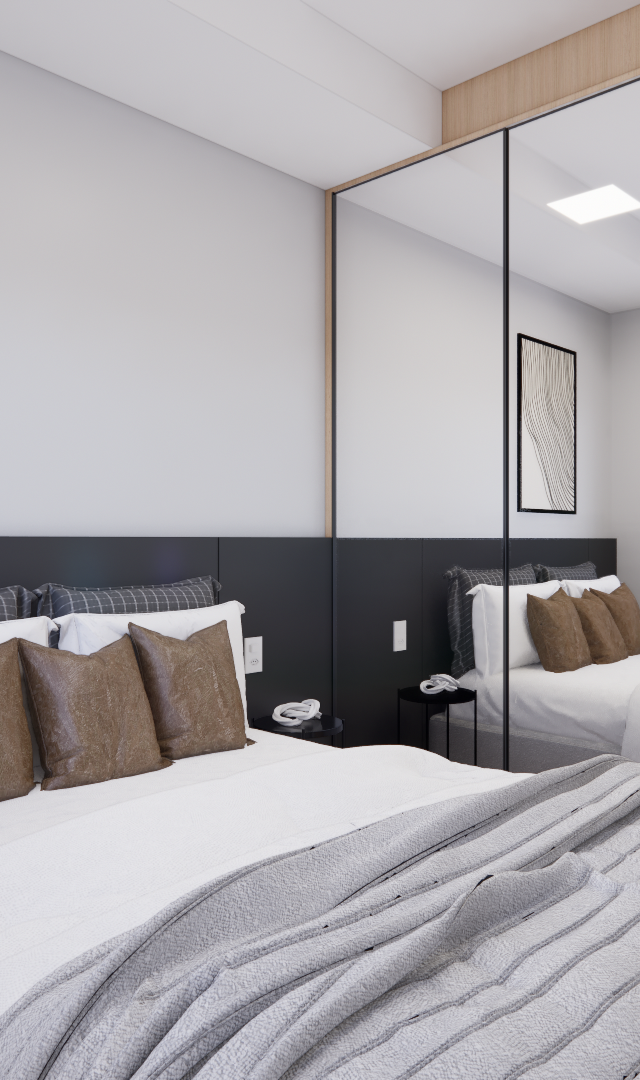Render 3D de quarto no NEXT ONE Vila Nova com cama, cabeceira preta, guarda-roupa espelhado, madeira e iluminação embutida