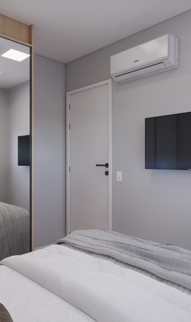 Render 3D de quarto no NEXT ONE Vila Nova com paredes cinzas, guarda-roupa espelhado, cama de casal, TV e ar-condicionado