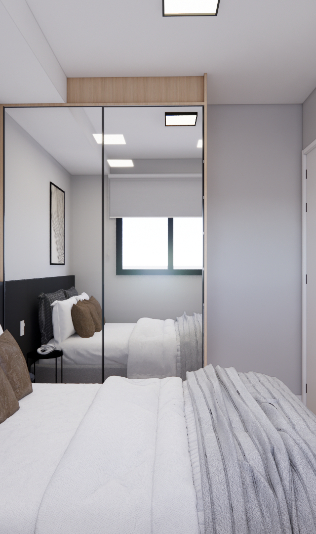 Render 3D de quarto moderno com marcenaria espelhada, cabeceira preta, roupa de cama em tons neutros e iluminação clara