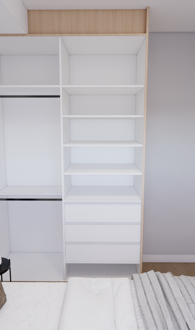 Render 3D de quarto no NEXT ONE Vila Nova com armário branco aberto, cabeceira preta, cama e TV em tons neutros e modernos