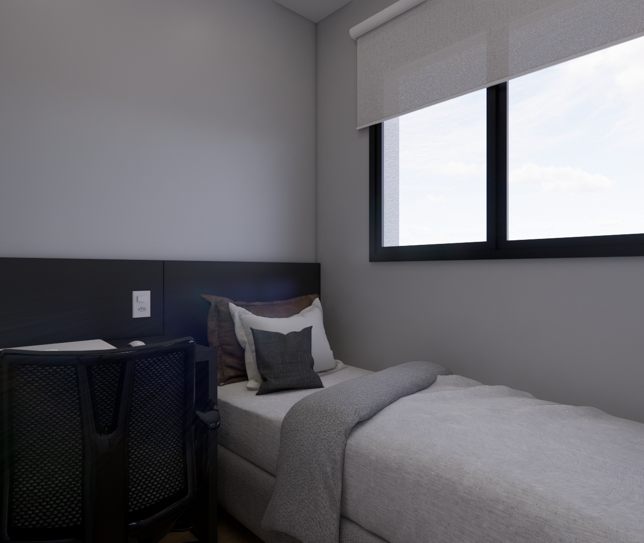 Render 3D de quarto minimalista no NEXT ONE Vila Nova com cama, mesa de trabalho escura, tons cinzas e luz natural