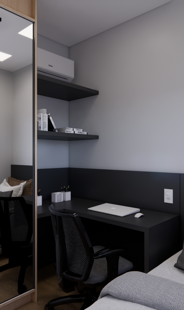 Render 3D de quarto moderno em Vila Nova Conceição com cama, mesa de estudos preta, prateleiras, espelho e tons neutros