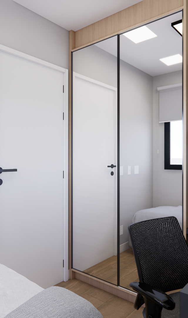 Render 3D de quarto no NEXT ONE Vila Nova com marcenaria em madeira e cinza, mesa, espelho e iluminação embutida