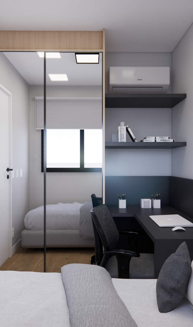 Render 3D de quarto pequeno no NEXT ONE Vila Nova com marcenaria preta, espelho, mesa de trabalho e iluminação neutra