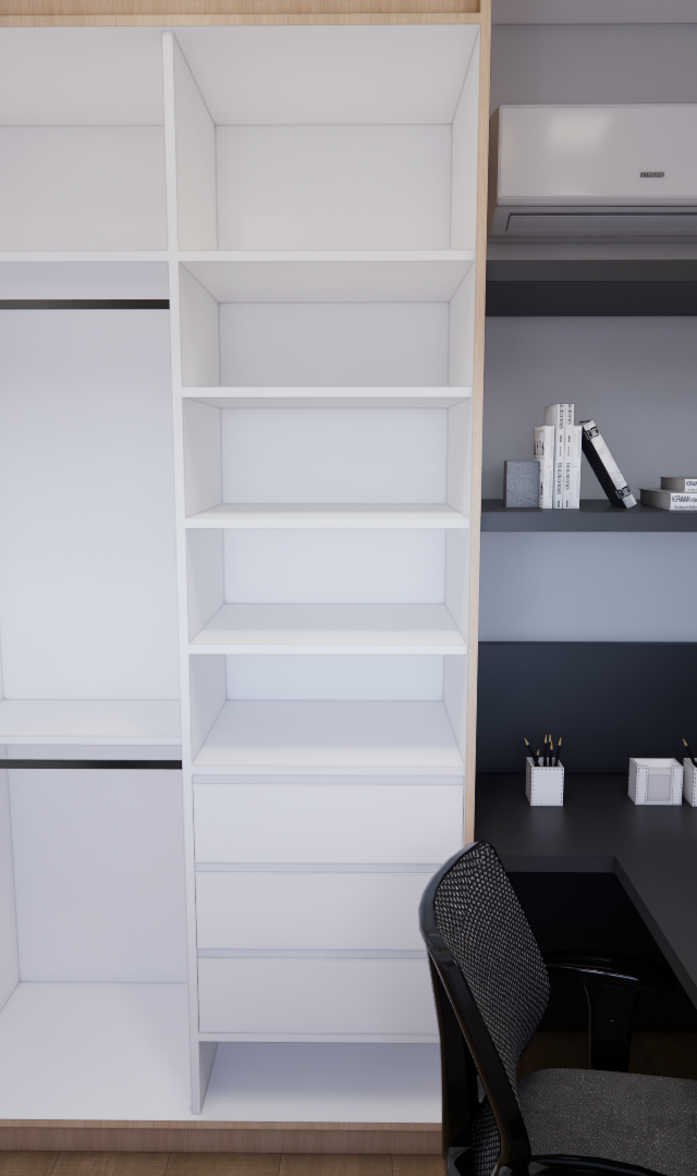 Render 3D de home office em tons de cinza e branco com armário embutido, mesa preta, prateleiras e cadeira ergonômica