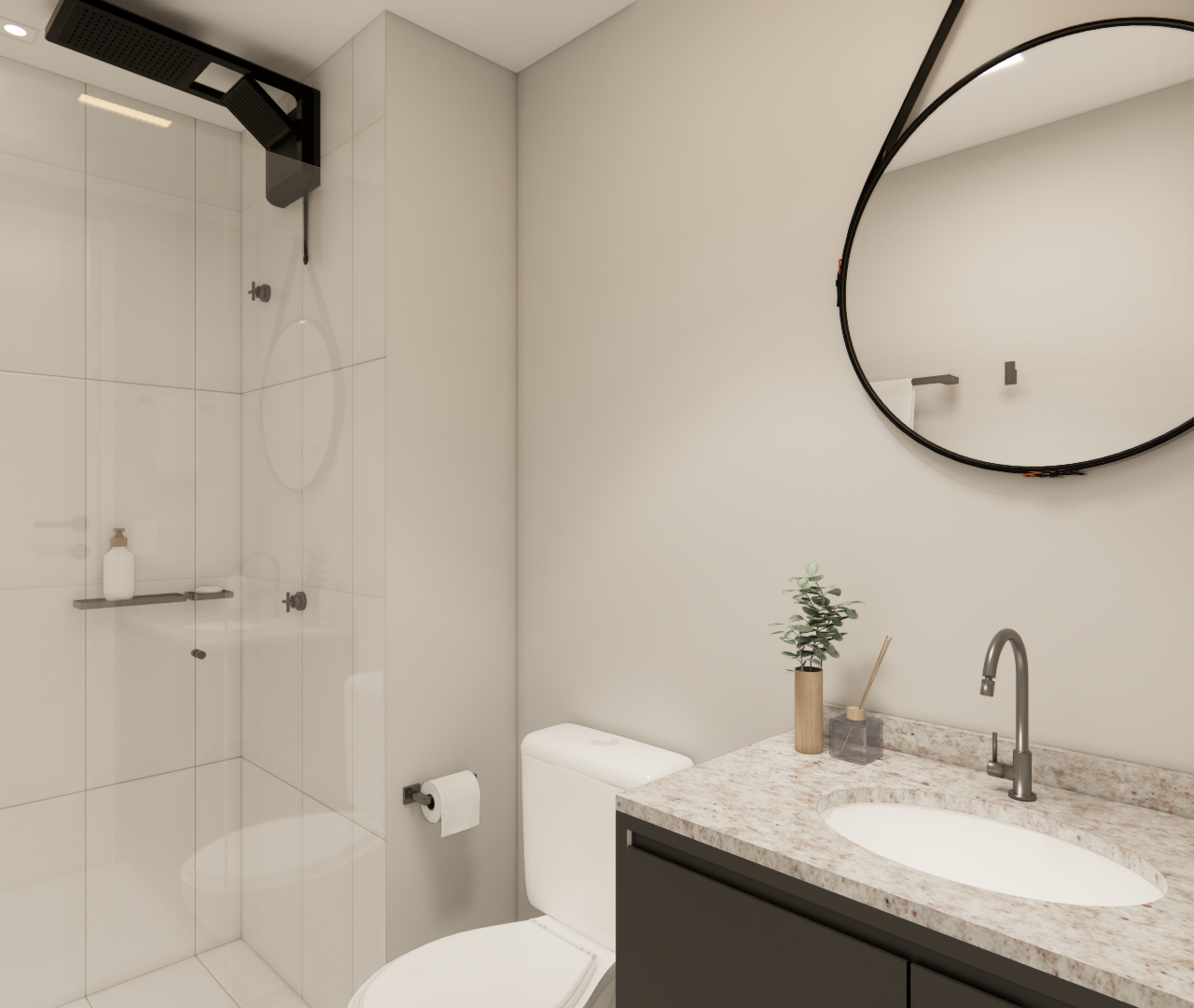 Render 3D de banheiro contemporâneo com metais pretos, box de vidro, gabinete cinza, tampo em granito e espelho circular