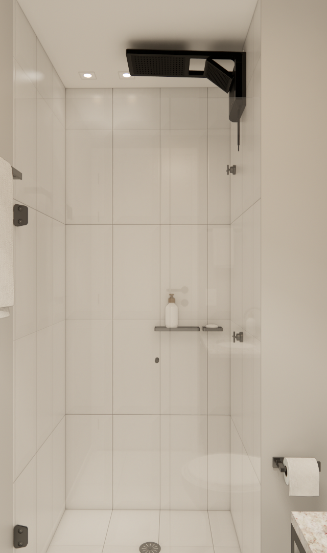 Render 3D de banheiro no NEXT ONE Vila Nova com box de vidro, metais pretos, revestimento branco e bancada de granito
