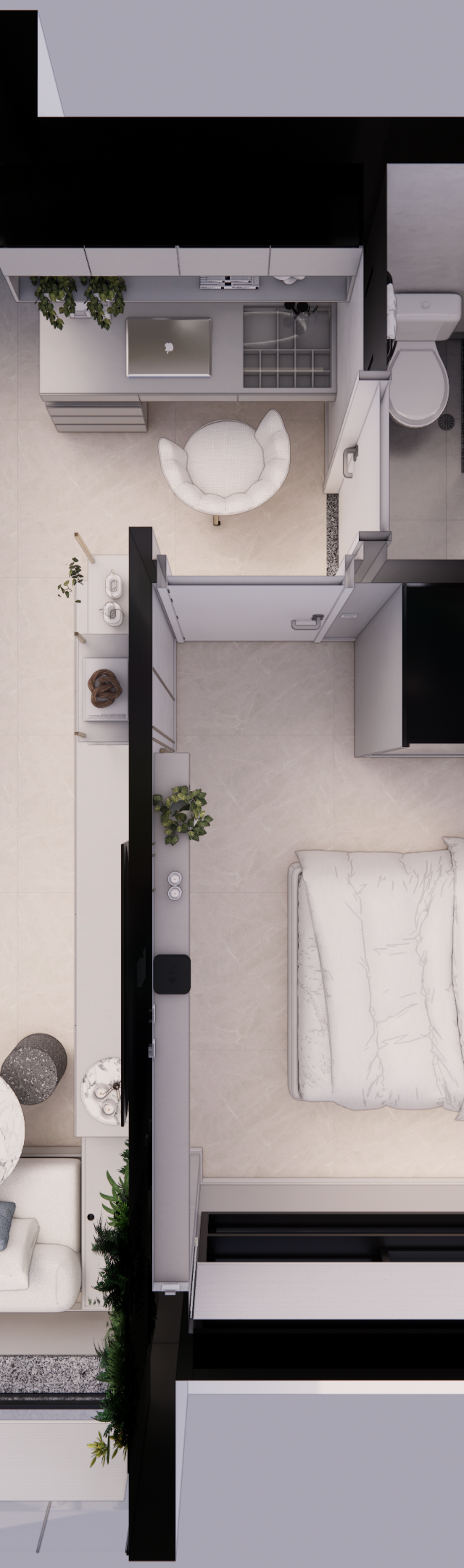 Planta baixa 3D de apartamento no TODAY Vila Mariana com sala, cozinha linear, quarto e banheiro em tons neutros e claros
