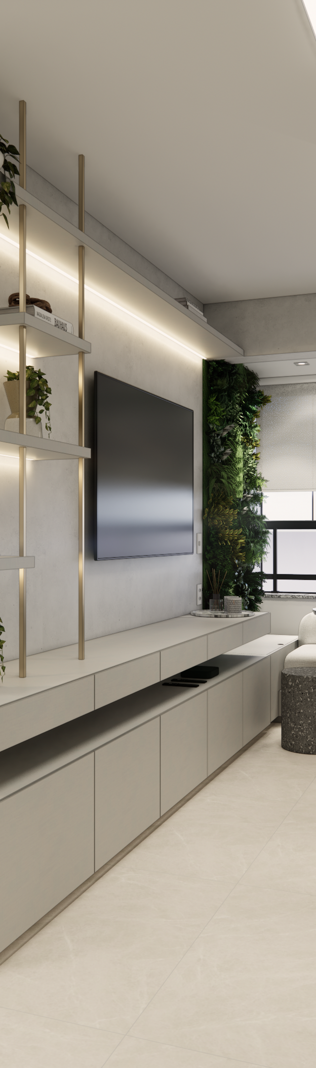 Render 3D de sala e cozinha integradas, marcenaria cinza, prateleiras douradas iluminadas e plantas no MS Today Vila Mariana