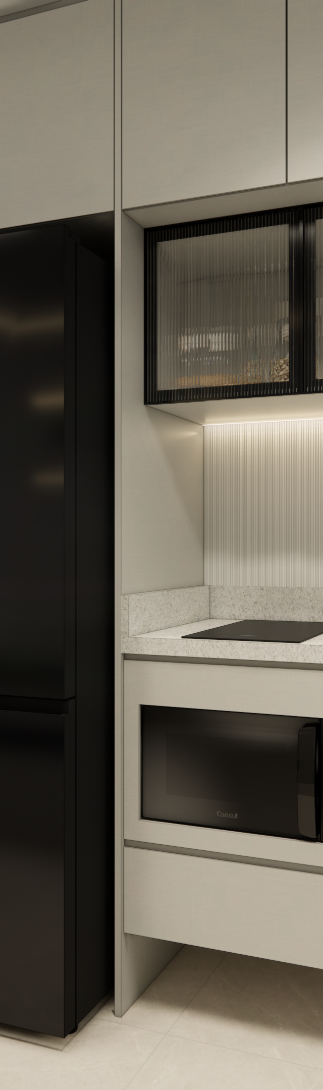 Render 3D de cozinha compacta e sala integradas, marcenaria cinza, geladeira preta, bancada clara e iluminação em LED
