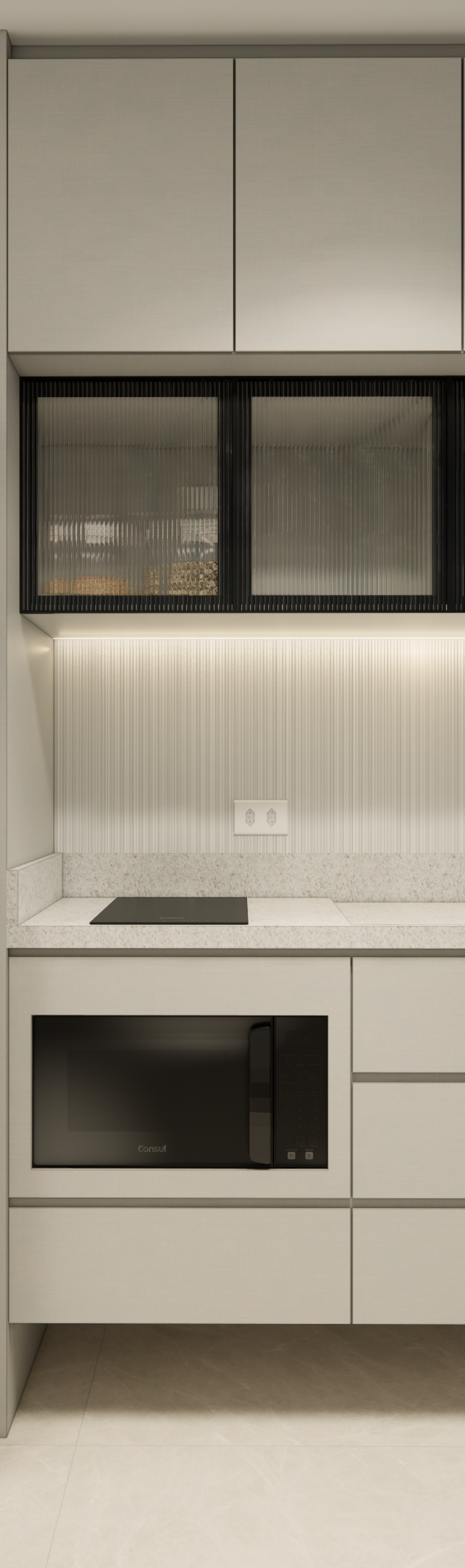 Render 3D de cozinha compacta no TODAY Vila Mariana com marcenaria cinza, geladeira preta, detalhes em azul e iluminação