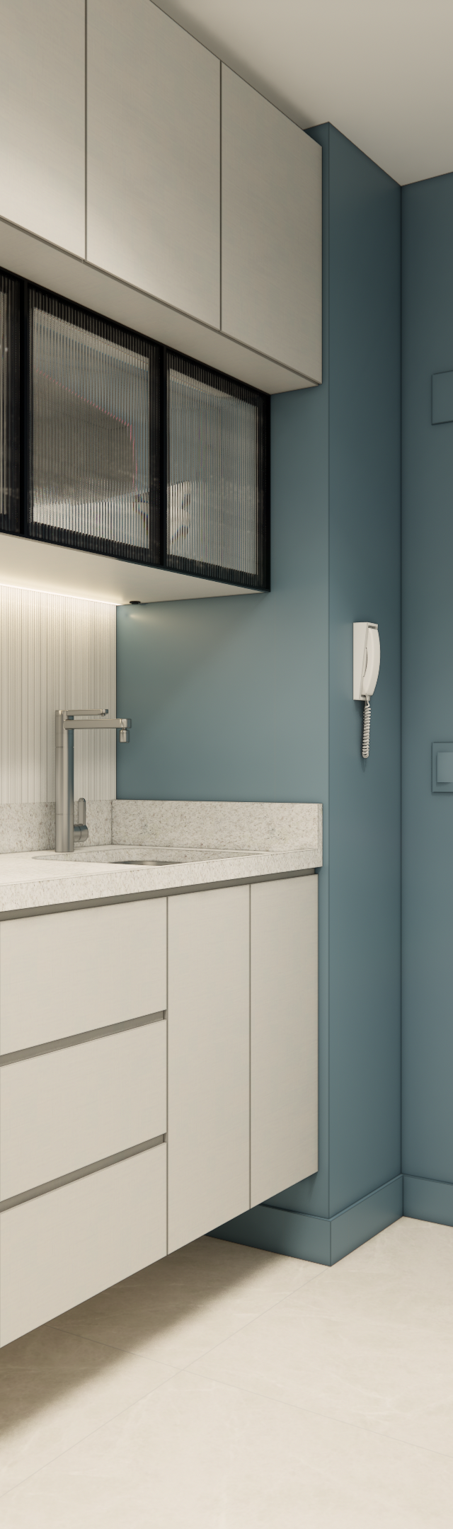 Render 3D de cozinha compacta no TODAY Vila Mariana com marcenaria clara, detalhes em vidro canelado, porta azul e luz led