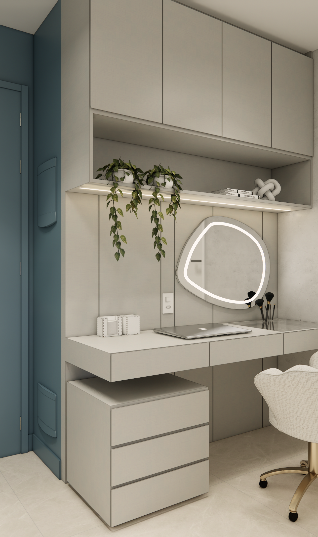 Render 3D de penteadeira cinza com espelho orgânico iluminado, marcenaria planejada, parede azul e estante com led