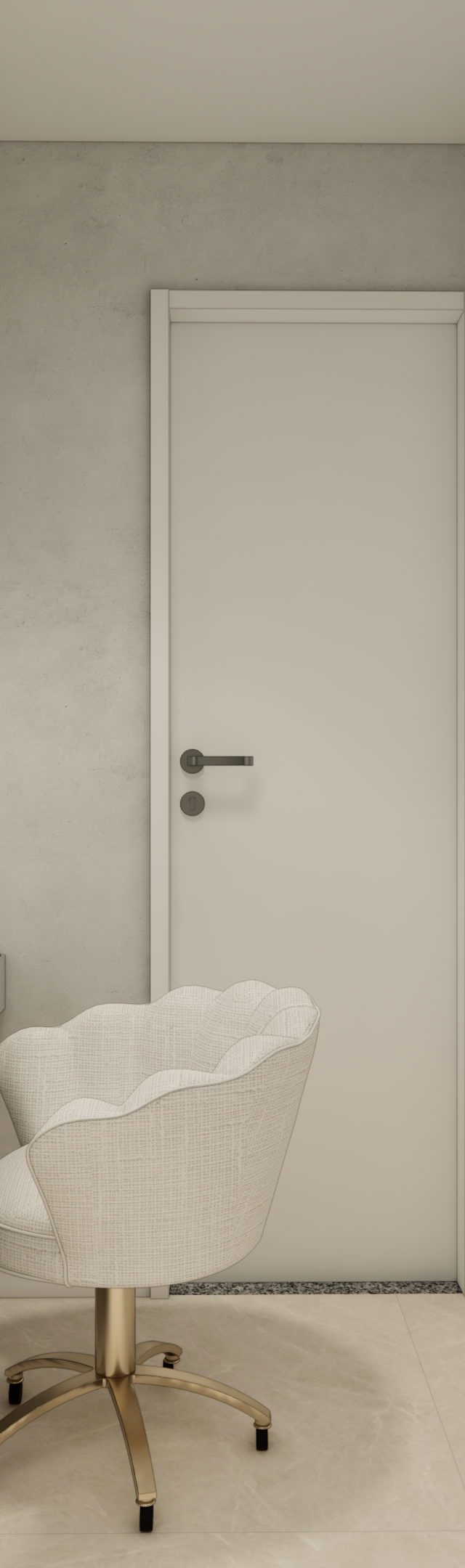 Render 3D de quarto no MS TODAY Vila Mariana com penteadeira, marcenaria bege, cadeira estofada e prateleiras iluminadas