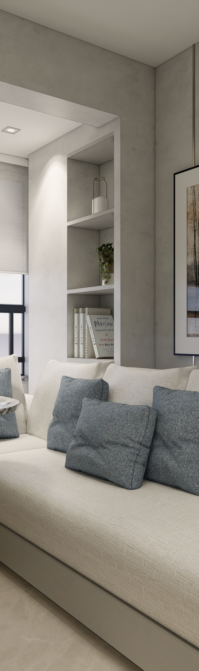 Render 3D da sala do MS - TODAY Vila Mariana com sofá em L, mesa lateral em mármore, tons neutros, azul e luz embutida