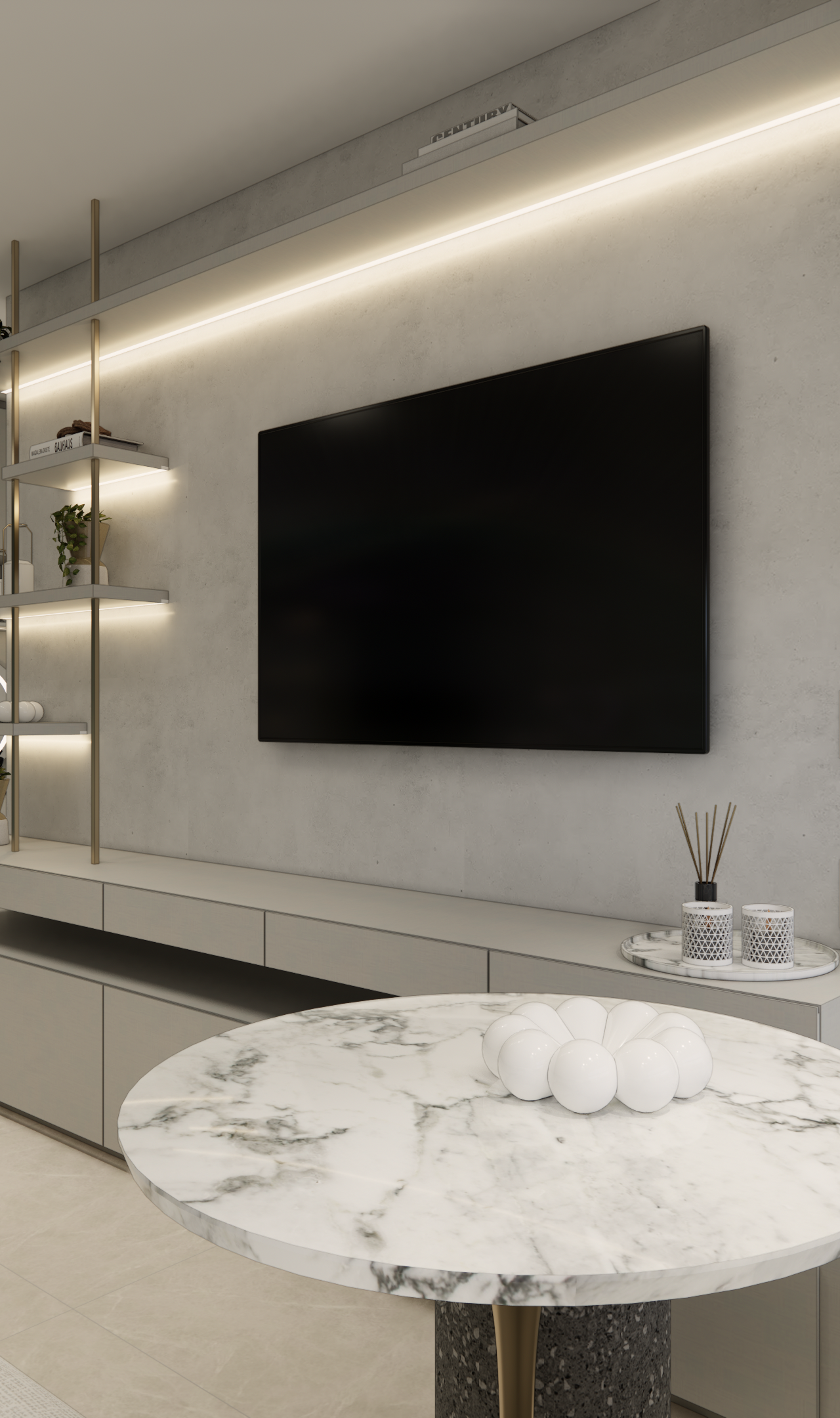 Render 3D de sala no MS - TODAY Vila Mariana com marcenaria cinza, jardim vertical, mesa de mármore e iluminação linear